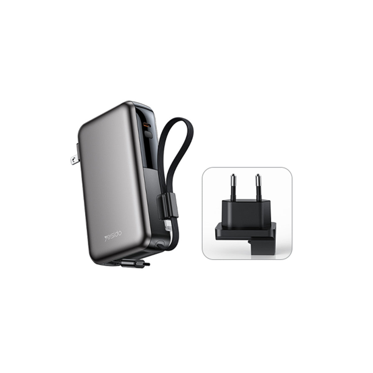 Yesido YP90E Dijital Göstergeli 10.000 mAh 22.5W PD Hızlı Şarj Destekli Makaralı Type C ve Lightning Kablolu 5in1 Powerbank