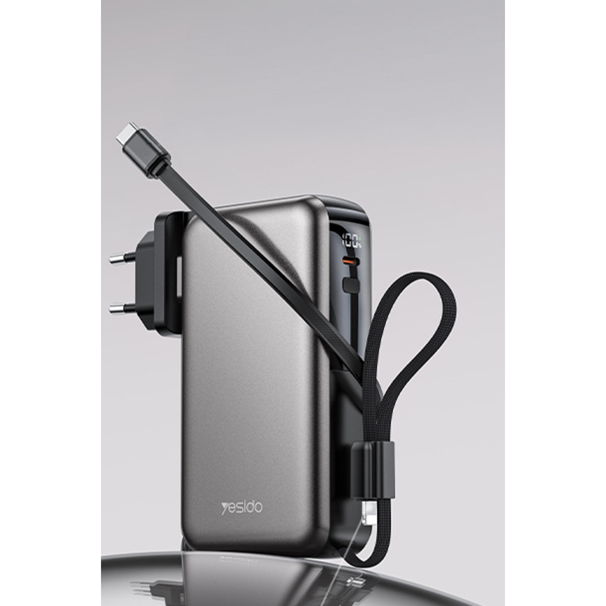 Yesido YP90E Dijital Göstergeli 10.000 mAh 22.5W PD Hızlı Şarj Destekli Makaralı Type C ve Lightning Kablolu 5in1 Powerbank
