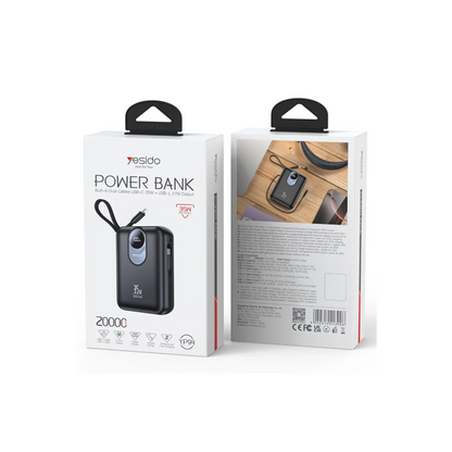 Yesido YP94 Dijital Göstergeli 20.000 mAh 35W Hızlı Şarj Destekli Çift Kablolu Powerbank - Siyah