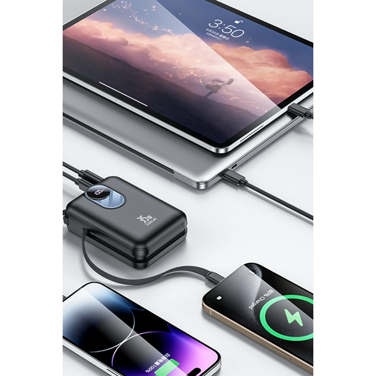 Yesido YP94 Dijital Göstergeli 20.000 mAh 35W Hızlı Şarj Destekli Çift Kablolu Powerbank - Siyah