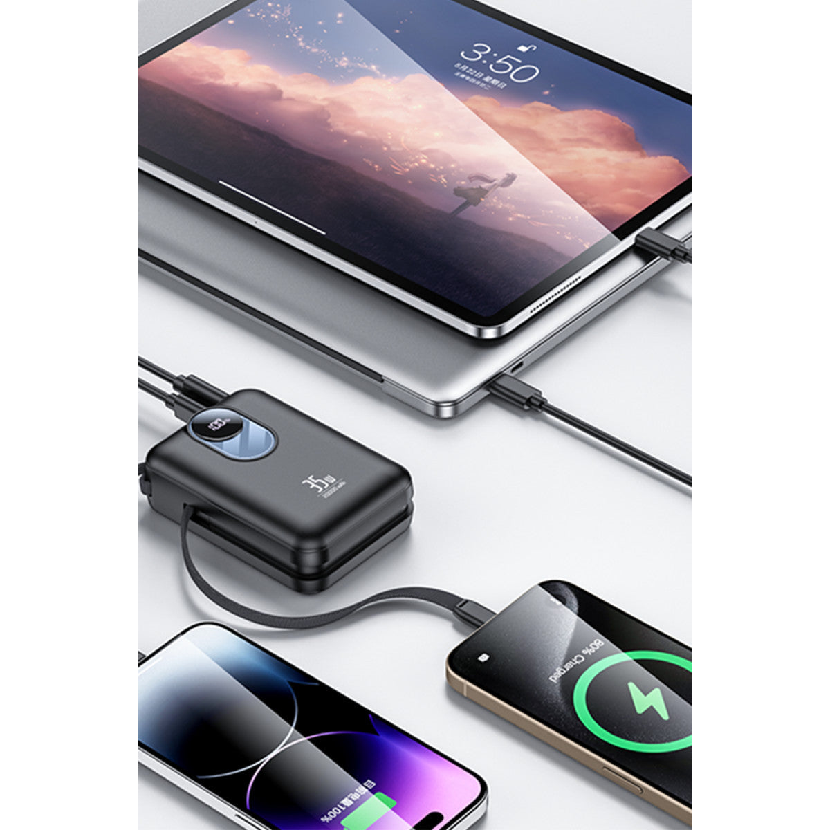 Yesido YP94 Dijital Göstergeli 20.000 mAh 35W Hızlı Şarj Destekli Çift Kablolu Powerbank