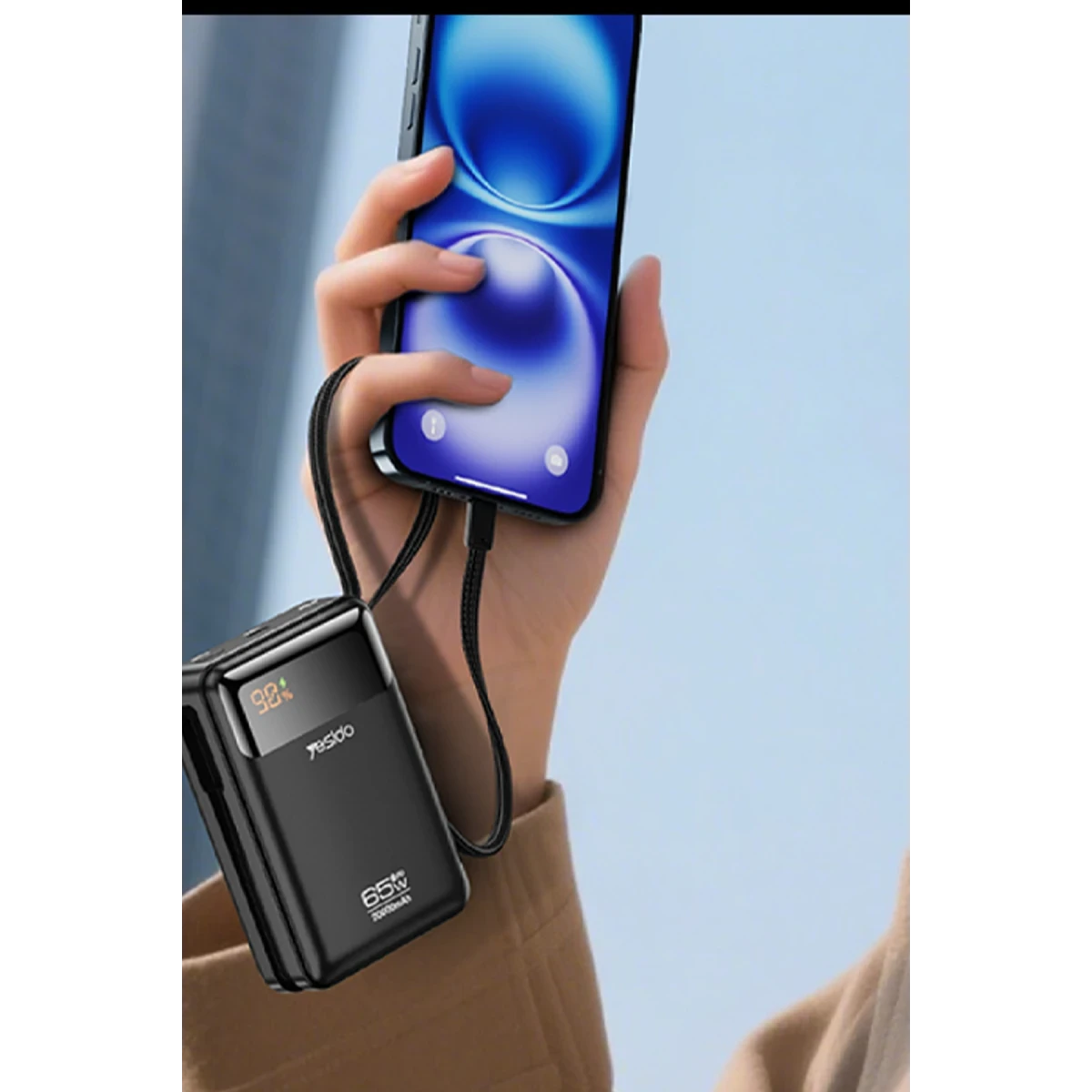 Yesido YP97 Dijital Göstergeli 20.000 mAh 65W Hızlı Şarj Destekli Dahili Type C Kablolu Laptop Şarj Edebilir Powerbank - Siyah