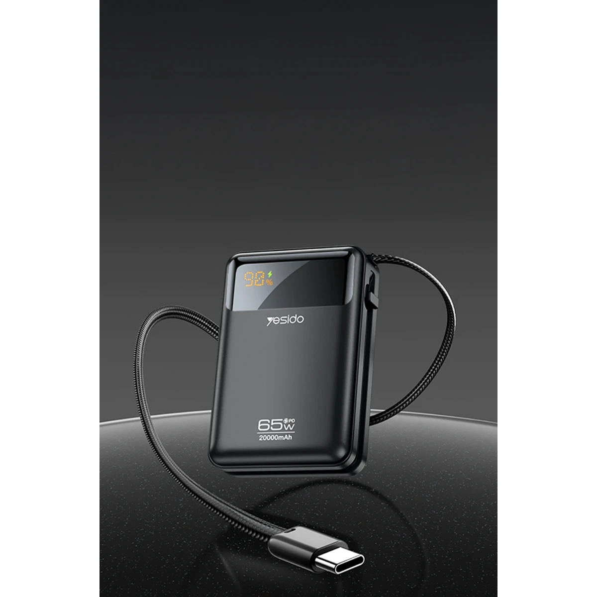 Yesido YP97 Dijital Göstergeli 20.000 mAh 65W Hızlı Şarj Destekli Dahili Type C Kablolu Laptop Şarj Edebilir Powerbank - Siyah