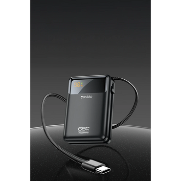 Yesido YP97 Dijital Göstergeli 20.000 mAh 65W Hızlı Şarj Destekli Dahili Type C Kablolu Laptop Şarj Edebilir Powerbank - Siyah