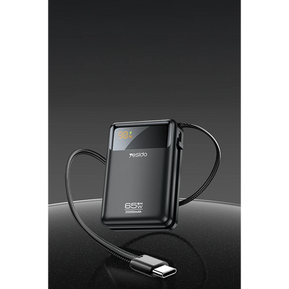 Yesido YP97 Dijital Göstergeli 20.000 mAh 65W Hızlı Şarj Destekli Dahili Type C Kablolu Laptop Şarj Edebilir Powerbank - Siyah