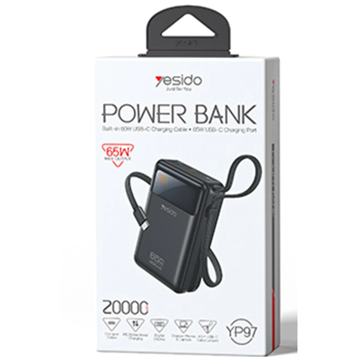 Yesido YP97 Dijital Göstergeli 20.000 mAh 65W Hızlı Şarj Destekli Dahili Type C Kablolu Laptop Şarj Edebilir Powerbank - Siyah