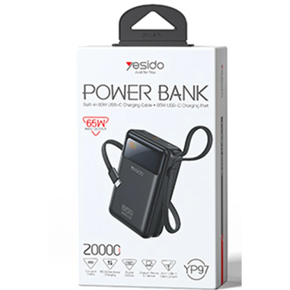 Yesido YP97 Dijital Göstergeli 20.000 mAh 65W Hızlı Şarj Destekli Dahili Type C Kablolu Laptop Şarj Edebilir Powerbank - Siyah