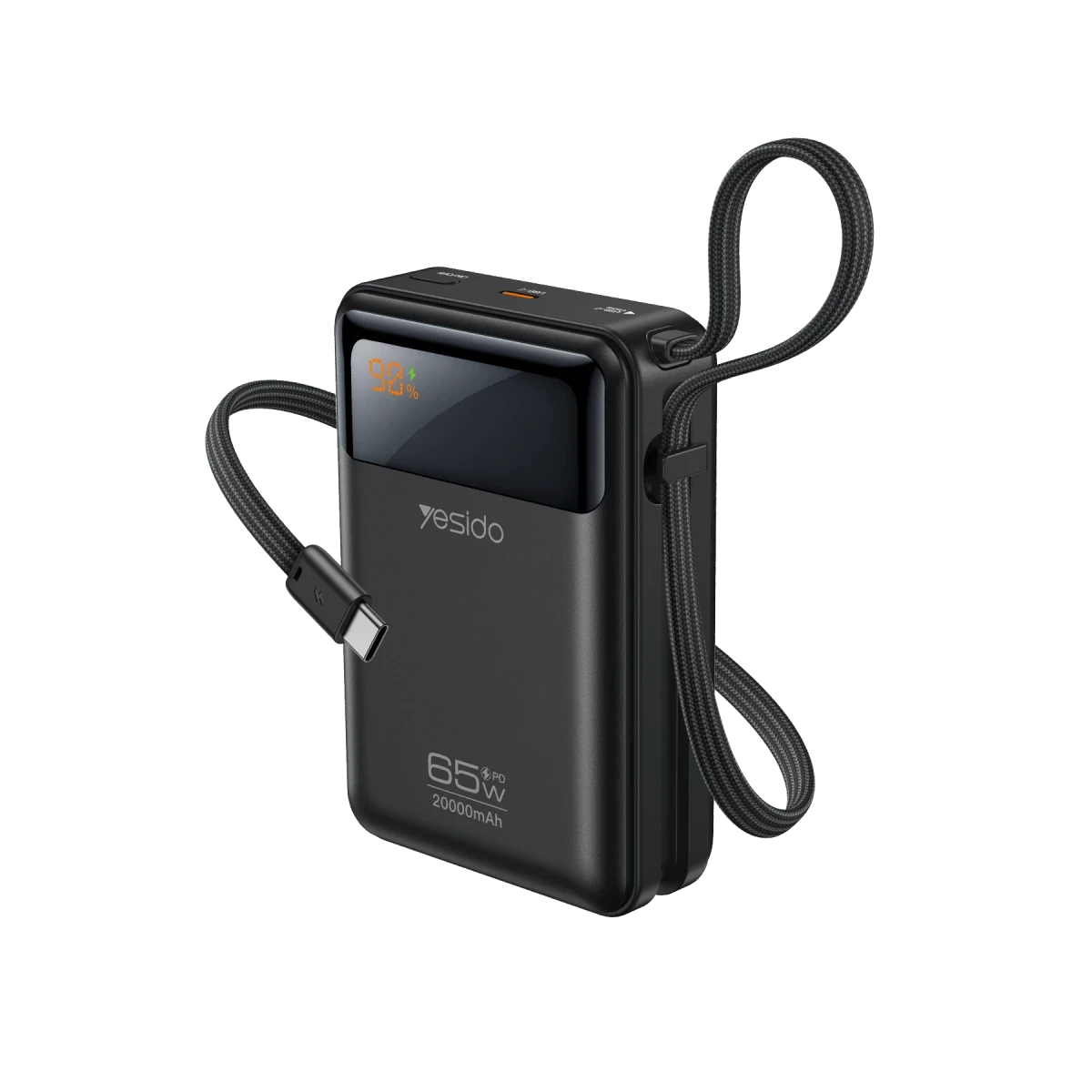 Yesido YP97 Dijital Göstergeli 20.000 mAh 65W Hızlı Şarj Destekli Dahili Type C Kablolu Laptop Şarj Edebilir Powerbank - Siyah