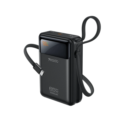 Yesido YP97 Dijital Göstergeli 20.000 mAh 65W Hızlı Şarj Destekli Dahili Type C Kablolu Laptop Şarj Edebilir Powerbank - Siyah