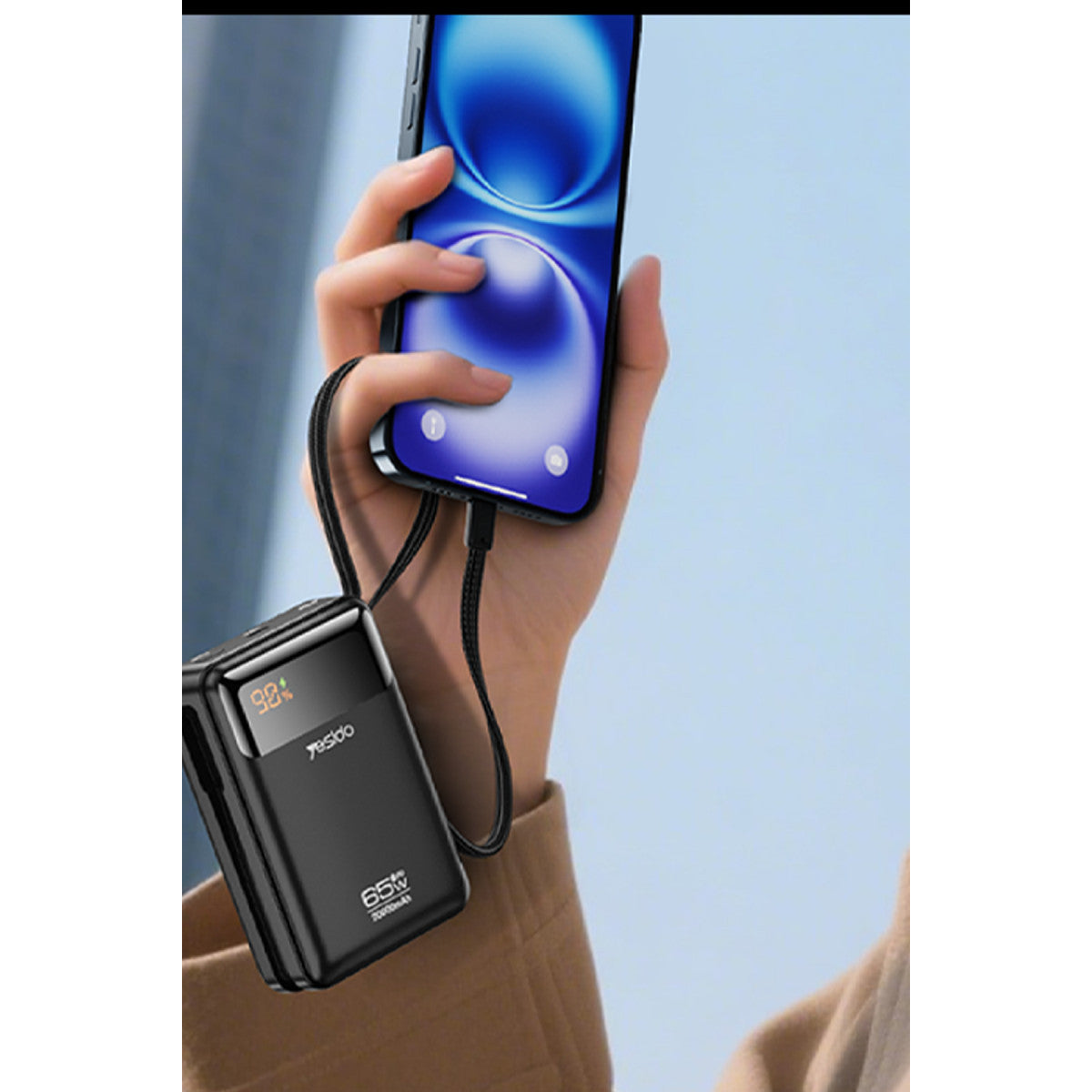 Yesido YP97 Dijital Göstergeli 20.000 mAh 65W Hızlı Şarj Destekli Dahili Type C Kablolu Laptop Şarj Edebilir Powerbank
