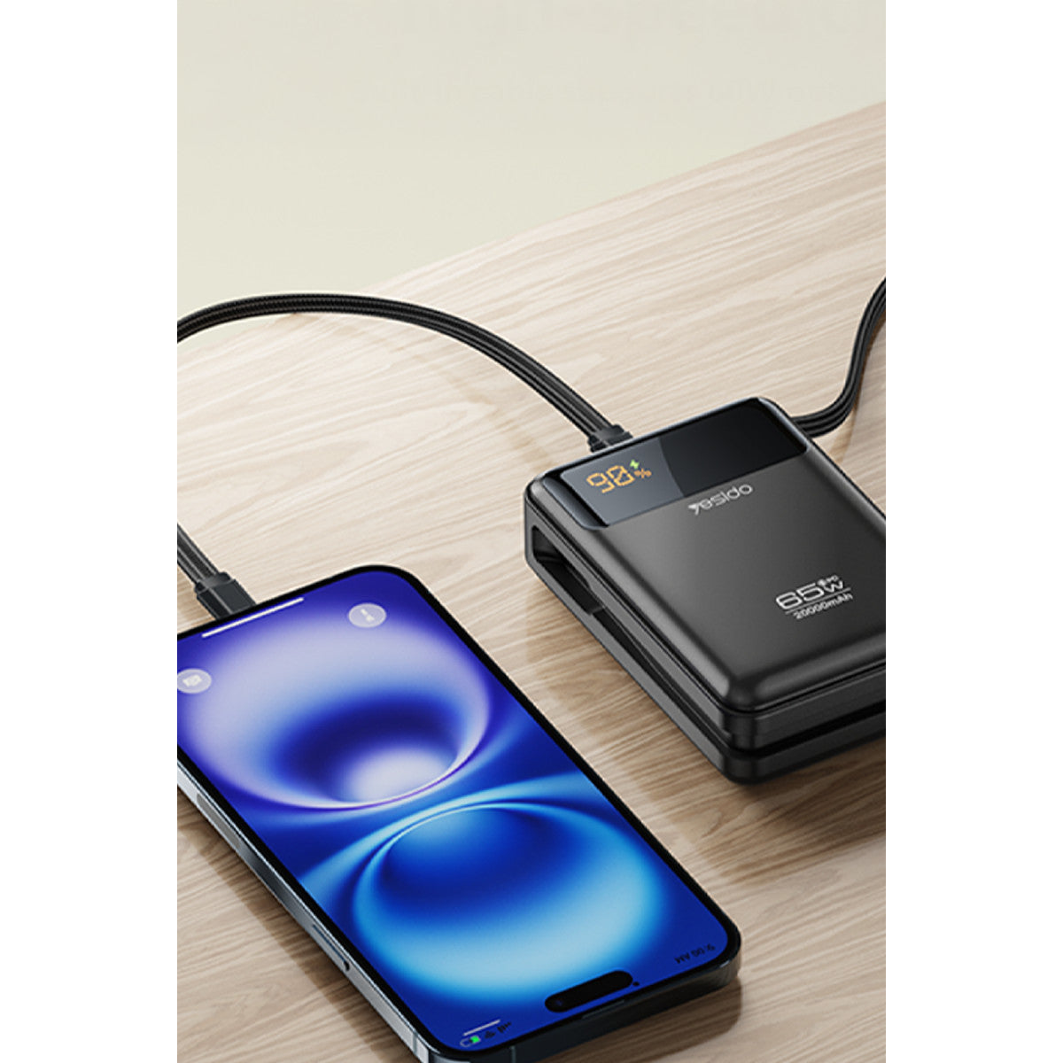 Yesido YP97 Dijital Göstergeli 20.000 mAh 65W Hızlı Şarj Destekli Dahili Type C Kablolu Laptop Şarj Edebilir Powerbank
