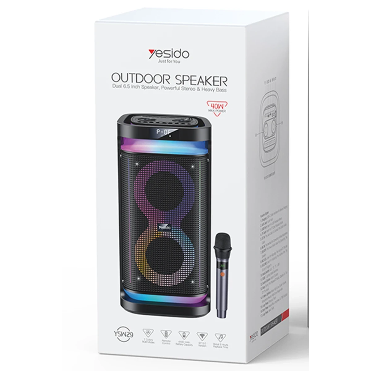 Yesido YSW29 2 Adet 20W Dahili Hoparlörlü 4400 mAh Bataryalı BT 5.0 RGB Kablosuz Hoparlör - Siyah