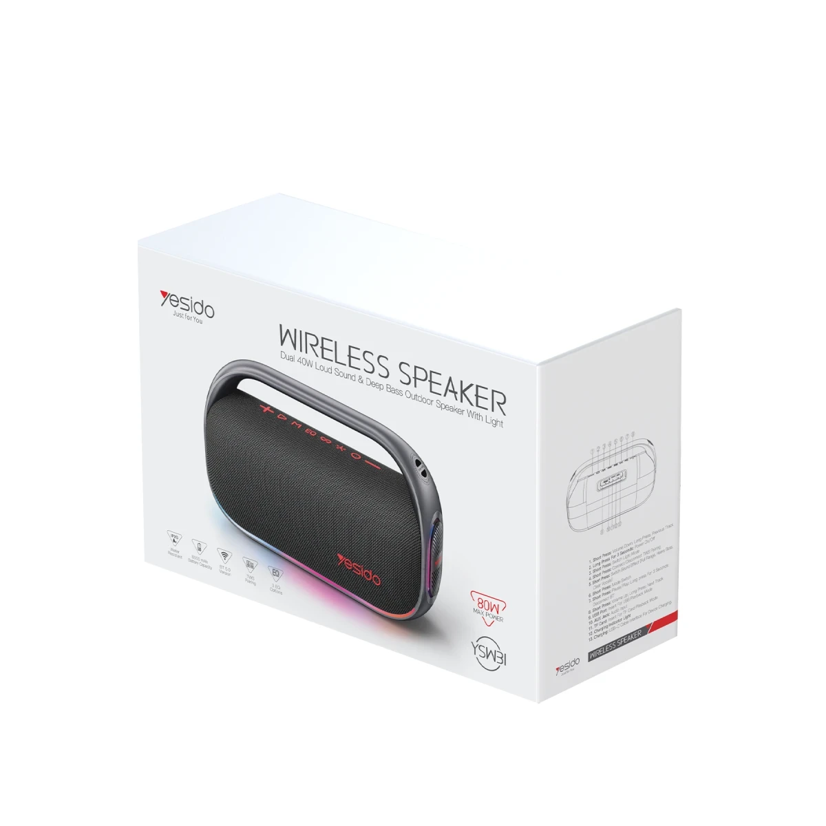 Yesido YSW31 2 Adet 40W Dahili Hoparlörlü BT 5.0 RGB Kablosuz Hoparlör - Siyah